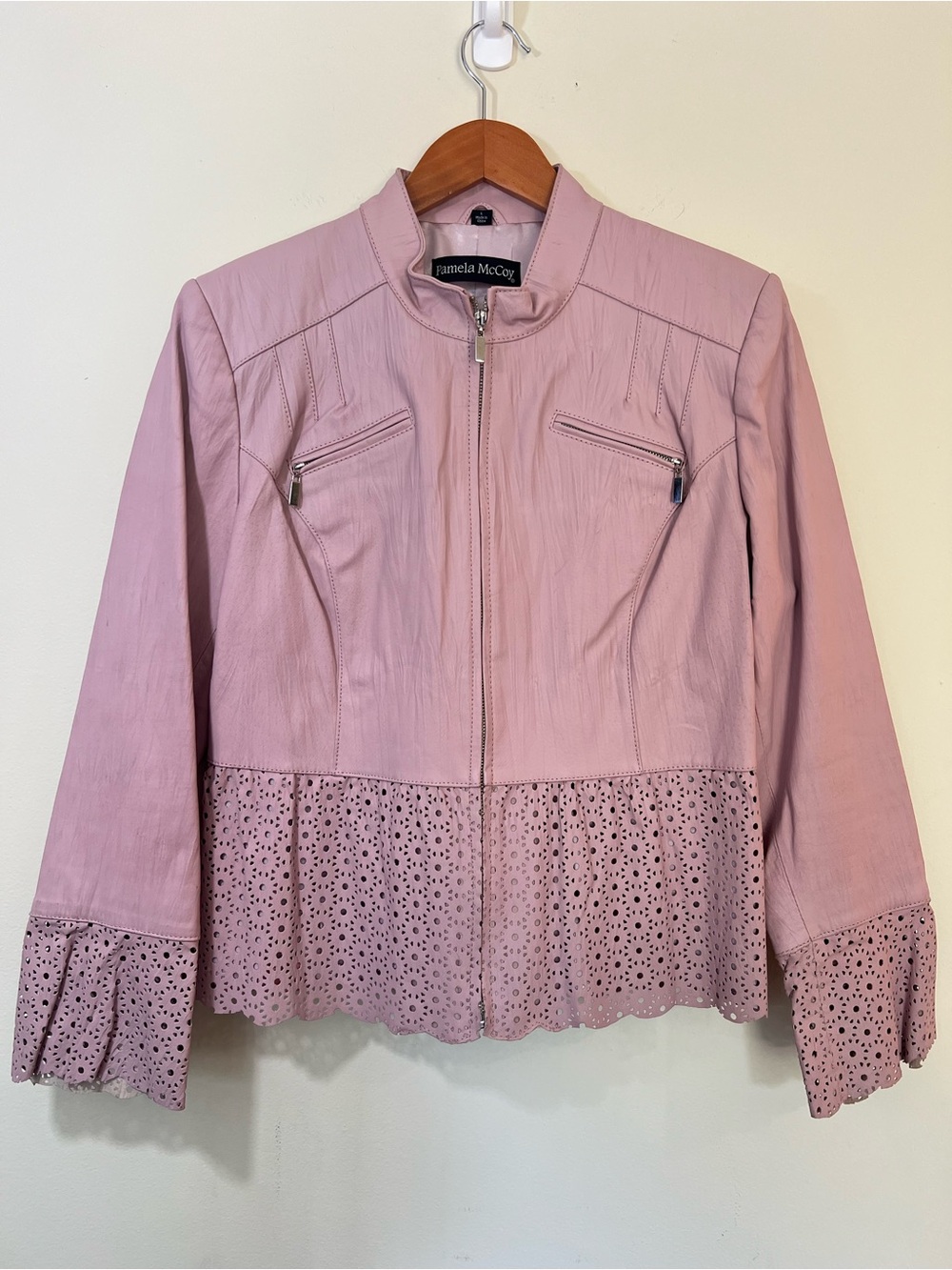 Pamela McCoy Pink Leather Jacket Laser Cut Eyelet Peplum Moto Zip Women's Size L